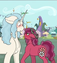 Size: 608x670 | Tagged: safe, artist:shortcake1284, oc, oc only, oc:day dreamer, oc:faith, species:earth pony, species:pony, species:unicorn, blushing, eye contact, female, floral head wreath, flower, looking at each other, male, mare, size difference, stallion