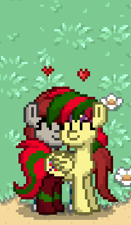 Size: 256x439 | Tagged: safe, artist:lullabytrace, oc, oc only, oc:attraction, oc:ponepony, species:pony, pony town, animated, attypone, blushing, cuddling, cute, gif, heart, kissing, pixel animation, pixel art