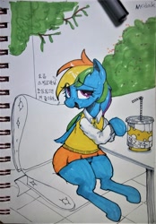 Size: 2270x3257 | Tagged: safe, artist:modak, character:rainbow dash, species:pony, clothing, cute, dashabetes, drink, female, korean, miniskirt, moe, panties, seat, sitting, skirt, skirt lift, solo, table, traditional art, translated in the comments, underwear