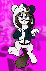 Size: 2100x3252 | Tagged: safe, artist:kutt172, artist:nxzc88, oc, oc only, oc:pyrisa miracles, species:pony, species:unicorn, abstract background, blep, clothing, cosplay, costume, cute, danganronpa, female, glasses, gloves, high res, hoodie, mare, mlem, monokuma, on back, paws, solo, tongue out, vector