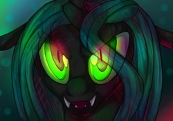 Size: 612x432 | Tagged: safe, artist:geckofly, character:queen chrysalis, species:changeling, bust, changeling queen, fangs, female, frown, glowing eyes, looking at you, open mouth, smiling, solo