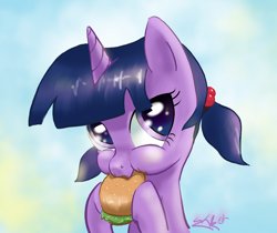 Size: 1192x999 | Tagged: safe, artist:soshyqqq, character:twilight sparkle, species:pony, species:unicorn, burger, female, filly, filly twilight sparkle, food, hay burger, pigtails, solo, that pony sure does love burgers, twilight burgkle, twintails, younger