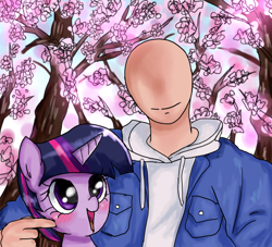 Size: 850x772 | Tagged: safe, artist:ehfkdl569, character:twilight sparkle, species:human, species:pony, species:unicorn, blushing, cheek squish, cherry blossoms, cherry tree, clothing, cute, faceless male, flower, flower blossom, hoodie, horn, jacket, male, offscreen character, poking, smiling, squishy cheeks, tree