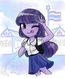 Size: 800x946 | Tagged: safe, artist:dressella, character:twilight sparkle, species:human, my little pony:equestria girls, ;p, clothing, female, flag, flag pole, one eye closed, pastel, peace sign, school bag, school uniform, shirt, skirt, sky, smiling, solo, student, thai, thailand, tongue out