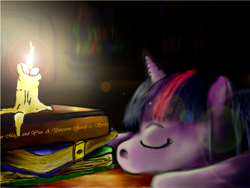 Size: 1024x768 | Tagged: safe, artist:thunder-stream, character:twilight sparkle, species:pony, species:unicorn, book, candle, female, mare, sleeping, solo