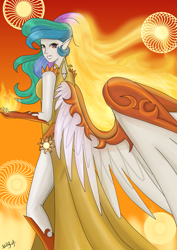 Size: 1445x2039 | Tagged: safe, artist:mdeltar, character:daybreaker, character:princess celestia, species:human, episode:a royal problem, g4, my little pony: friendship is magic, clothing, daybreak celestia, dress, fire, humanized, magic, mane of fire, smiling, smirk, solo, transformation, winged humanization, wings