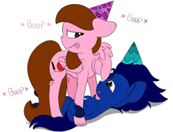 Size: 1022x781 | Tagged: safe, artist:twittershy, oc, oc only, oc:deevfactor, oc:shyfly, species:pegasus, species:pony, boop, clothing, female, female on male, hat, male, mare, party hat, shipping, simple background, stallion, straight, transparent background