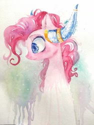 Size: 1224x1632 | Tagged: safe, artist:wacky-skiff, character:pinkie pie, species:earth pony, species:pony, episode:not asking for trouble, g4, my little pony: friendship is magic, bust, colored pupils, female, helmet, honorary yak horns, horned helmet, solo, traditional art, viking helmet, watercolor painting, yak horns