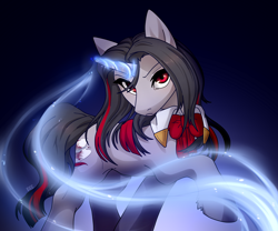 Size: 2432x2020 | Tagged: safe, artist:miioko, oc, oc only, oc:flydry, species:pony, species:unicorn, clothing, female, glowing horn, looking at you, magic, mare, raised hoof, red eyes, solo