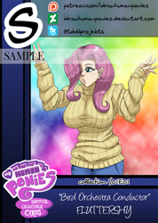 Size: 571x800 | Tagged: safe, artist:muramasa, character:fluttershy, species:human, big breasts, breasts, busty fluttershy, clothing, female, humanized, jersey, solo, sweater, sweatershy, watermark, whistling