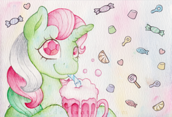 Size: 800x543 | Tagged: safe, artist:emfen, character:fizzy, species:pony, species:twinkle eyed pony, g1, candy, cute, drink, drinking, female, food, happy, hoof hold, lollipop, soda, solo, traditional art