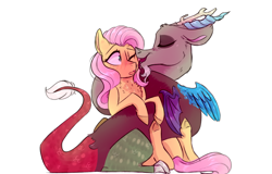 Size: 1280x817 | Tagged: dead source, safe, artist:yomitai, character:discord, character:fluttershy, ship:discoshy, blushing, chest fluff, cute, discute, ear fluff, eyes closed, female, interspecies, licking, male, one eye closed, open mouth, shipping, simple background, smiling, straight, tongue out, wavy mouth, white background