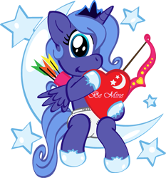 Size: 705x756 | Tagged: safe, artist:redfoxjake, character:princess luna, species:pony, arrow, bow (weapon), cupid, cute, cyclops, diaper, female, filly, heart, lunabetes, moon, quiver, simple background, sitting, solo, tangible heavenly object, transparent background, woona, younger