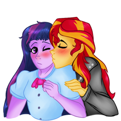 Size: 600x600 | Tagged: safe, artist:anxiousshadowpetals, character:sunset shimmer, character:twilight sparkle, ship:sunsetsparkle, my little pony:equestria girls, blushing, female, kiss on the cheek, kissing, lesbian, one eye closed, shipping, simple background, transparent background