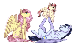 Size: 1214x745 | Tagged: safe, artist:butteredpawpcorn, character:fluttershy, character:soarin', oc, oc:skyler, parent:fluttershy, parent:soarin', parents:soarinshy, species:pegasus, species:pony, crack shipping, female, filly, foal, holding a pony, male, next generation, offspring, on back, one eye closed, shipping, simple background, sitting, smiling, soarinshy, straight, white background, wink