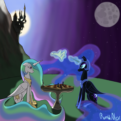 Size: 900x900 | Tagged: dead source, safe, artist:rumblealex, character:nightmare moon, character:princess celestia, character:princess luna, species:alicorn, species:pony, canterlot, chess, duality, eye contact, floppy ears, frown, magic, moon, sad, sitting, sun, telekinesis