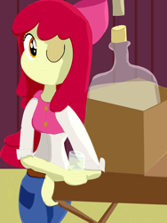 Size: 2700x3600 | Tagged: safe, artist:jongoji245, character:apple bloom, my little pony:equestria girls, apple cider (drink), bottle, bow, clothing, drink, female, hair bow, one eye closed, smiling, solo, wink
