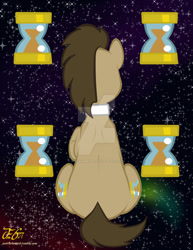 Size: 800x1035 | Tagged: safe, artist:missanimegrl, character:doctor whooves, character:time turner, species:earth pony, species:pony, back, both cutie marks, cutie mark, cutie mark background, hourglass, male, plot, raised hoof, rear view, sitting, solo, stallion, watermark