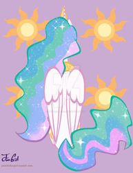 Size: 800x1035 | Tagged: safe, artist:missanimegrl, character:princess celestia, species:alicorn, species:pony, both cutie marks, cutie mark, cutie mark background, ethereal mane, female, flowing mane, flowing tail, folded wings, jewelry, mare, multicolored hair, plot, praise the sun, raised hoof, rear view, regalia, royalty, sitting, solo, sparkles, sunbutt, tiara, watermark