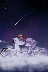 Size: 1000x1500 | Tagged: safe, artist:wacky-skiff, oc, oc only, species:pegasus, species:pony, blushing, chest fluff, cloud, ear fluff, female, looking at each other, male, mare, night, night sky, oc x oc, shipping, shooting star, sky, stallion, stars, wing fluff