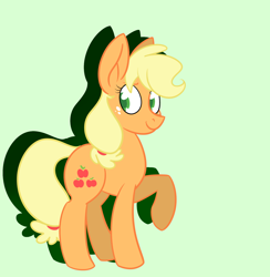 Size: 1024x1050 | Tagged: safe, artist:woollily, character:applejack, species:earth pony, species:pony, colored pupils, female, green background, mare, raised hoof, simple background, smiling, solo