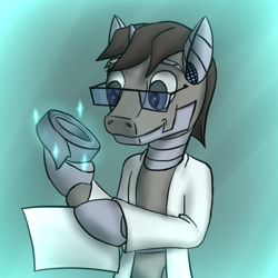 Size: 820x820 | Tagged: safe, artist:panzerhi, oc, oc only, species:pony, species:unicorn, blouse, clothing, duct tape, glasses, male, scientist, stallion