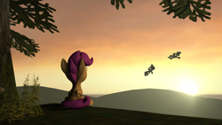 Size: 1920x1080 | Tagged: safe, artist:litterpaws, character:cloudchaser, character:flitter, character:scootaloo, species:pony, 3d, feels, sad, scootaloo can't fly, source filmmaker, sunset