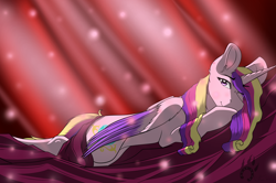 Size: 6584x4366 | Tagged: safe, artist:fizzwings, character:princess cadance, species:alicorn, species:pony, absurd resolution, bedsheets, colored wings, crepuscular rays, draw me like one of your french girls, female, looking at you, mare, multicolored wings, one eye closed, prone, smiling, solo, sploot, wink