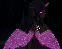 Size: 3178x2500 | Tagged: safe, artist:srtagiuu, character:twilight sparkle, character:twilight sparkle (alicorn), species:alicorn, species:human, species:pony, clothing, dark, female, horn, horned humanization, humanized, looking back, magic, solo, winged humanization, wings