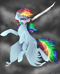 Size: 2237x2751 | Tagged: safe, artist:wacky-skiff, character:rainbow dash, species:pony, my little pony: the movie (2017), chest fluff, cloud, female, flying, mouth hold, saber, solo, stormcloud, weapon