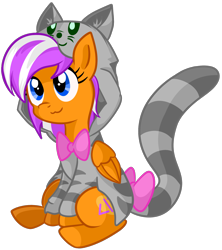 Size: 1657x1865 | Tagged: safe, artist:x-blackpearl-x, oc, oc only, oc:digidrop, species:pegasus, species:pony, 2018 community collab, derpibooru community collaboration, animal costume, bow tie, cat costume, cat tail, catface, clothing, costume, cute, necktie, simple background, sitting, smiling, transparent background