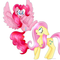 Size: 3000x3000 | Tagged: safe, artist:cosmiickatie, character:fluttershy, character:pinkie pie, character:posey, species:earth pony, species:pegasus, species:pony, g4, alternate cutie mark, body part swap, chest fluff, duo, earth pony fluttershy, floppy ears, kinetic contrast, looking at each other, open mouth, pegasus pinkie pie, pun, race swap, simple background, surprised, transparent background, visual gag