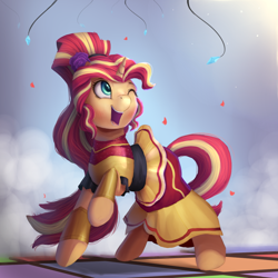 Size: 1050x1050 | Tagged: safe, artist:vanillaghosties, character:sunset shimmer, species:pony, species:unicorn, equestria girls:dance magic, g4, my little pony: equestria girls, my little pony:equestria girls, spoiler:eqg specials, beautiful, clothing, cute, dress, female, flamenco dress, mare, one eye closed, raised hoof, shimmerbetes, smiling