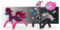 Size: 7700x3850 | Tagged: safe, artist:zombiecupcake101, character:fizzlepop berrytwist, character:tempest shadow, oc, oc:elizabat stormfeather, species:alicorn, species:bat pony, species:pony, species:unicorn, my little pony: the movie (2017), absurd resolution, adult blank flank, alicorn oc, alternate hairstyle, bat pony alicorn, blank flank, bow, braided tail, broken horn, canon x oc, clothing, dress, duo, ear piercing, earring, female, gothic, gothic lolita, grin, jewelry, lesbian, mare, piercing, running, scared, smiling, socks, stormshadow, striped socks
