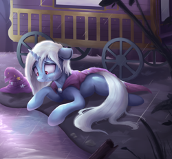 Size: 1500x1387 | Tagged: safe, artist:vanillaghosties, character:trixie, species:pony, species:unicorn, cape, clothing, crying, female, floppy ears, hat, house of glass, mare, rain, sad, solo, trixie's cape, trixie's hat, trixie's wagon, wagon, wavy mouth