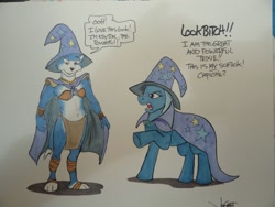 Size: 1280x960 | Tagged: safe, artist:rabbi-tom, character:trixie, species:pony, species:unicorn, accessory swap, belly button, cape, cheek fluff, clothing, crossover, dialogue, furry, hat, krystal, raised hoof, smiling, star fox, the great and powerful, traditional art, trixie's cape, trixie's hat, underhoof, vulgar