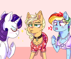 Size: 3600x3000 | Tagged: safe, artist:yomitai, character:applejack, character:rainbow dash, character:rarity, species:earth pony, species:pegasus, species:pony, species:unicorn, alternate hairstyle, angry, applejack also dresses in style, clothing, collar, cross-popping veins, dress, eyes closed, female, high res, jewelry, makeover, mare, necklace, pearl necklace, rainbow dash always dresses in style, tomboy taming