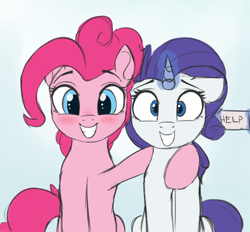 Size: 1500x1392 | Tagged: safe, artist:vanillaghosties, character:pinkie pie, character:rarity, species:earth pony, species:pony, species:unicorn, blushing, duo, duo female, female, fluffy, gradient background, grin, help, help me, hug, levitation, looking at you, magic, mare, nervous, shrunken pupils, side hug, sign, sitting, smiling, squee, stepford smiler, telekinesis, wide eyes