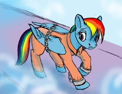 Size: 800x617 | Tagged: safe, artist:tielgar, character:rainbow dash, species:pony, bound wings, chains, clothing, cuffs, female, prison outfit, prisoner, prisoner rd, shackles, solo