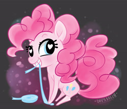 Size: 3500x3000 | Tagged: safe, artist:dressella, character:pinkie pie, species:pony, biting, cutie mark, female, heart eyes, looking at you, mane, ribbon, sitting, smiling, solo, tail, wingding eyes