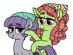 Size: 1025x778 | Tagged: safe, artist:sodaaz, character:maud pie, character:tree hugger, species:earth pony, species:pony, ship:maudhugger, alternate hairstyle, bandana, blushing, crack shipping, ear fluff, female, lesbian, looking at each other, shipping, simple background, white background