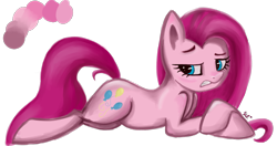 Size: 1231x649 | Tagged: safe, artist:mintatheena, character:pinkamena diane pie, character:pinkie pie, species:earth pony, species:pony, blushing, color palette, female, looking back, lying down, mare, simple background, solo, transparent background