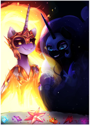 Size: 1000x1400 | Tagged: safe, artist:nutellaakanutella, character:daybreaker, character:nightmare moon, character:princess celestia, character:princess luna, species:alicorn, species:pony, episode:a royal problem, g4, my little pony: friendship is magic, broken, elements of harmony, evil grin, female, grin, mare, siblings, sisters, smiling, xk-class end-of-the-world scenario