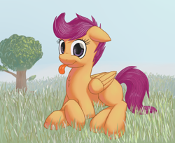 Size: 1474x1200 | Tagged: safe, artist:lurarin, character:scootaloo, species:pegasus, species:pony, female, filly, floppy ears, grass, prone, smiling, solo, tongue out