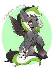 Size: 706x960 | Tagged: safe, artist:lana-jay, oc, oc only, oc:graphite sketch, species:pegasus, species:pony, female, mare, piercing, solo, tongue out, unshorn fetlocks