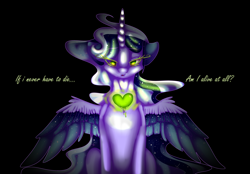Size: 4320x3000 | Tagged: safe, artist:darsiaradianthorner, oc, oc only, oc:darsia horner, species:alicorn, species:pony, alicorn oc, black background, colored wings, drama, green light, heart, immortality blues, simple background, song, text