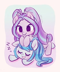 Size: 1066x1280 | Tagged: safe, artist:dressella, character:adagio dazzle, character:aria blaze, character:sonata dusk, species:pony, species:siren, ship:arisona, ariabetes, cute, female, lesbian, lovely, pastel, shipping, sleeping, smiling, sonatabetes, the dazzlings, zzz