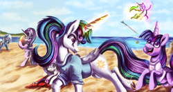 Size: 1024x547 | Tagged: safe, artist:shivannie, character:fluttershy, character:princess celestia, character:rainbow dash, character:rarity, character:starlight glimmer, character:trixie, character:twilight sparkle, character:twilight sparkle (alicorn), species:alicorn, species:pony, ship:twilestia, :d, beach, blep, blushing, bottomless, clothing, doll, female, lesbian, magic, matching outfits, missing accessory, partial nudity, running, shipping, sunbathing, telekinesis, tongue out, toy