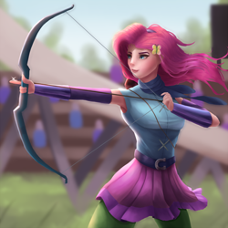 Size: 1000x1000 | Tagged: safe, artist:vanillaghosties, character:fluttershy, species:human, equestria girls:friendship games, g4, my little pony: equestria girls, my little pony:equestria girls, archer, armpits, arrow, bow (weapon), bow and arrow, clothing, female, humanized, smiling, solo, weapon