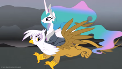 Size: 1366x768 | Tagged: safe, artist:jacob kitts, character:gilda, character:princess celestia, species:griffon, beard, by celestia's beard, crossover, facial hair, flying, gandalf, gandalf the white, great eagle, great eagle of manwe, lord of the rings, majestic, parody, ponies riding griffons, riding, upset